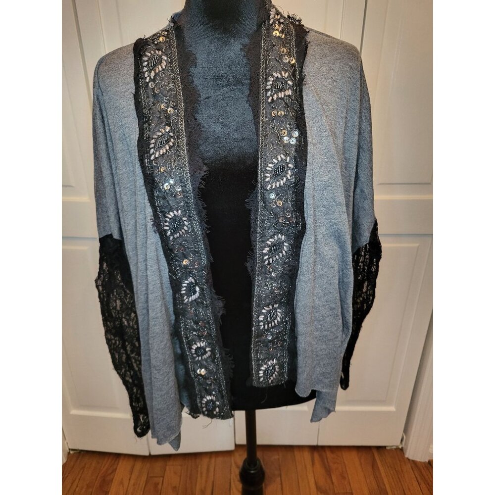 Gray/Black Lace Sleeves  Open Cardigan Eyelash Trim Beaded S Goth Whimsygoth